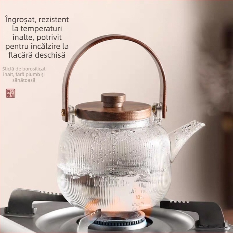 Ceainic din sticlă rezistent la impact, cu mâner din lemn de nuc, pentru plită ceramică electrică, pentru aburire și preparare ceai, set de ceainic cu filtru, capacitate mare