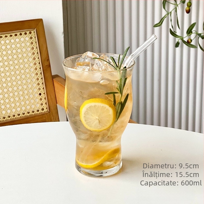 Pahar din sticlă cu gură lată pentru ceai de fructe, capacitate mare, stil nordic, cu pai