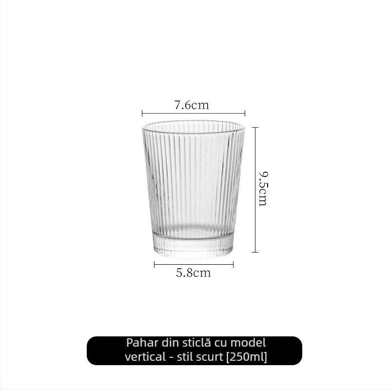 Pahar din sticlă rezistent la temperaturi, design modern fără mâner, cu dungi verticale, transparent, pentru suc, milkshake, cafea sau ceai