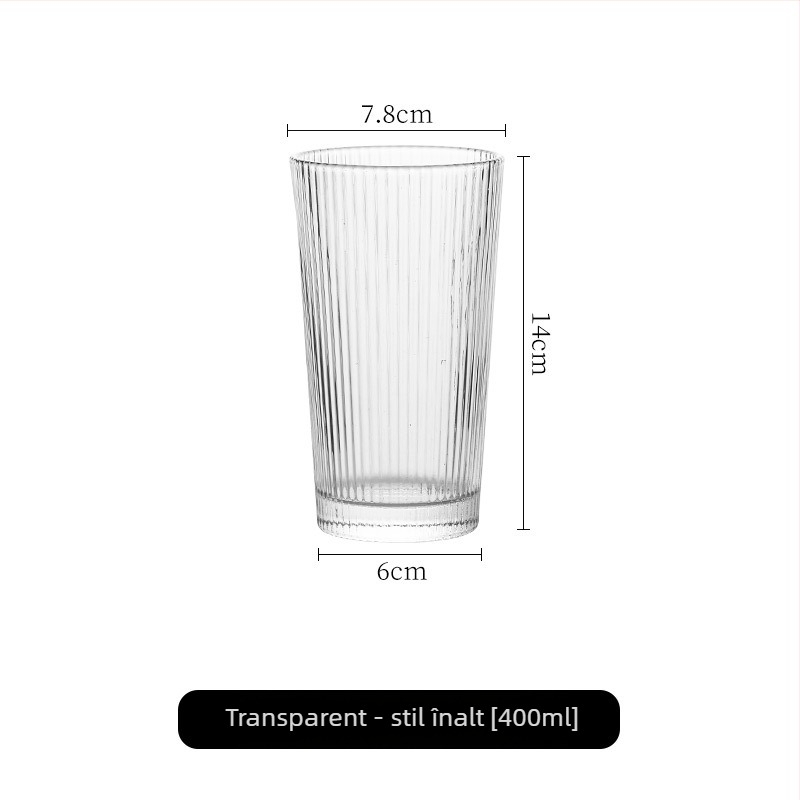 Pahar din sticlă rezistent la temperaturi, design modern fără mâner, cu dungi verticale, transparent, pentru suc, milkshake, cafea sau ceai
