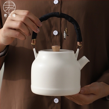 Ceainic ceramic crem, cu mâner basculant, capacitate mare, stil minimalist japonez, cu filtru