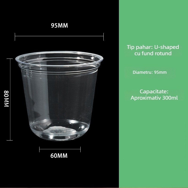 Pahar mic din plastic cu capac, formă de U, pentru băuturi reci, iaurt și deserturi, 201–300 ml