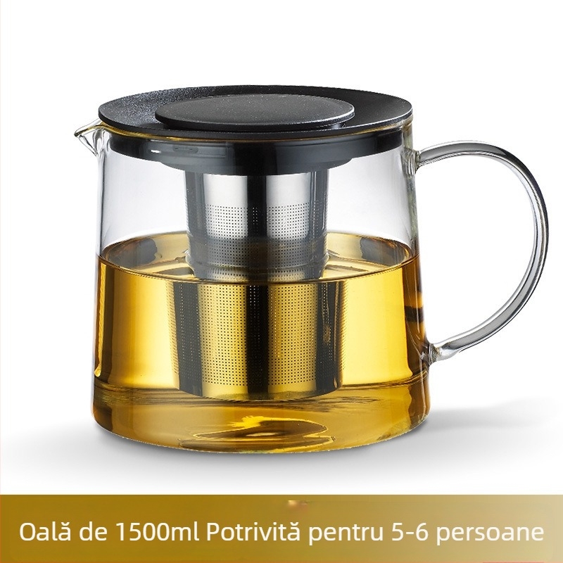 Ceainic cu capac negru, mâner lateral, din sticlă borosilikată rezistentă la căldură, filtru din oțel inoxidabil pentru ceai și cafea