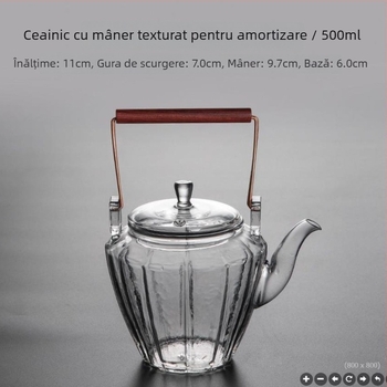 Ceainic din sticlă borosilicată, cu textură ciocănită și mâner înălțat, pentru infuzarea ceaiurilor, model diamant, design modern minimalist