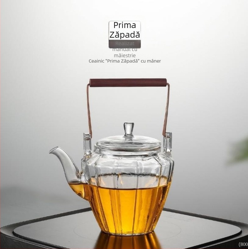 Ceainic din sticlă borosilicată, cu textură ciocănită și mâner înălțat, pentru infuzarea ceaiurilor, model diamant, design modern minimalist