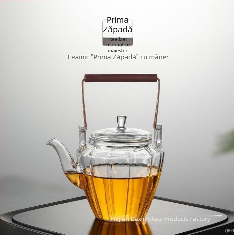 Ceainic din sticlă borosilicată, cu textură ciocănită și mâner înălțat, pentru infuzarea ceaiurilor, model diamant, design modern minimalist