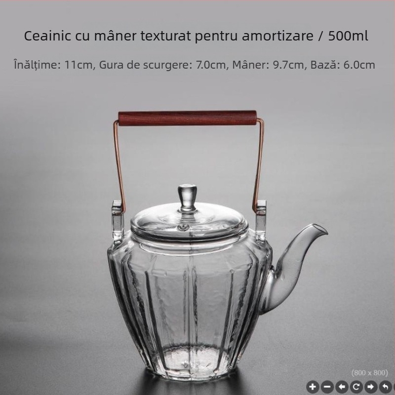 Ceainic din sticlă borosilicată, cu textură ciocănită și mâner înălțat, pentru infuzarea ceaiurilor, model diamant, design modern minimalist