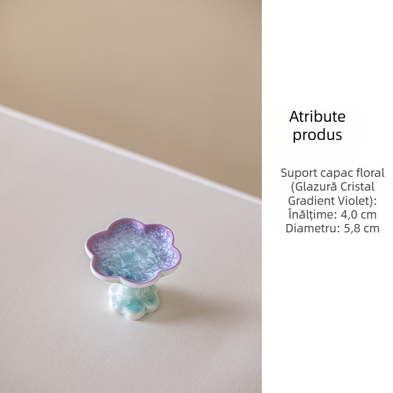 Sitaozhai Suport de capac porțelan cu glazură cristal în nuanțe de mov gradient, accesoriu elegant pentru ceremonia ceaiului, suport pentru capacul ceainicului și capacul bolului