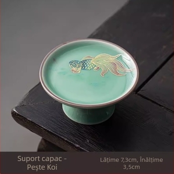 Ceainic în stil Song, cu capac înalt, glazură Celadon, suport pentru capac, farfurioară pentru ceașcă și suport termic pentru cești — accesorii set ceai