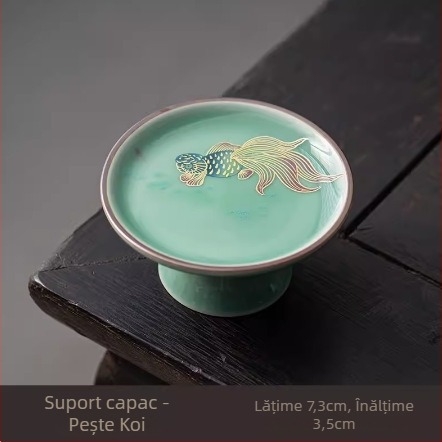 Ceainic în stil Song, cu capac înalt, glazură Celadon, suport pentru capac, farfurioară pentru ceașcă și suport termic pentru cești — accesorii set ceai