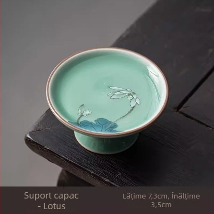 Ceainic în stil Song, cu capac înalt, glazură Celadon, suport pentru capac, farfurioară pentru ceașcă și suport termic pentru cești — accesorii set ceai