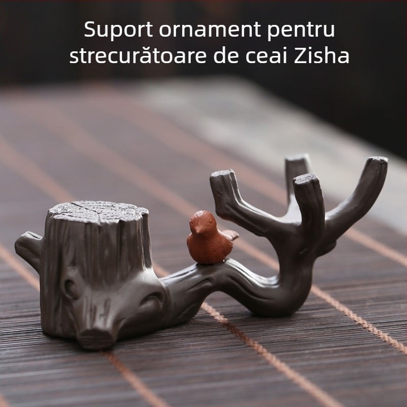 Figurină de ceai din lut mov cu suport pentru capac și bază pentru strecurător – accesorii ceremonie ceai kung fu