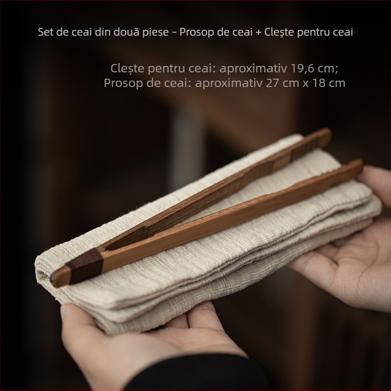 Set de două piese pentru ceai: prosop pentru ceai și clips din bambus, pentru ceremonia ceaiului, prosoape absorbante din bumbac și in