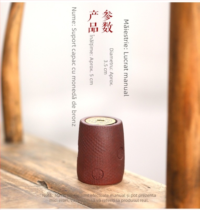 Ceainic Yixing din lut cu nisip mov, suport pentru capac cu acoperire din monedă din cupru, accesoriu rotativ pentru set ceai Kung Fu
