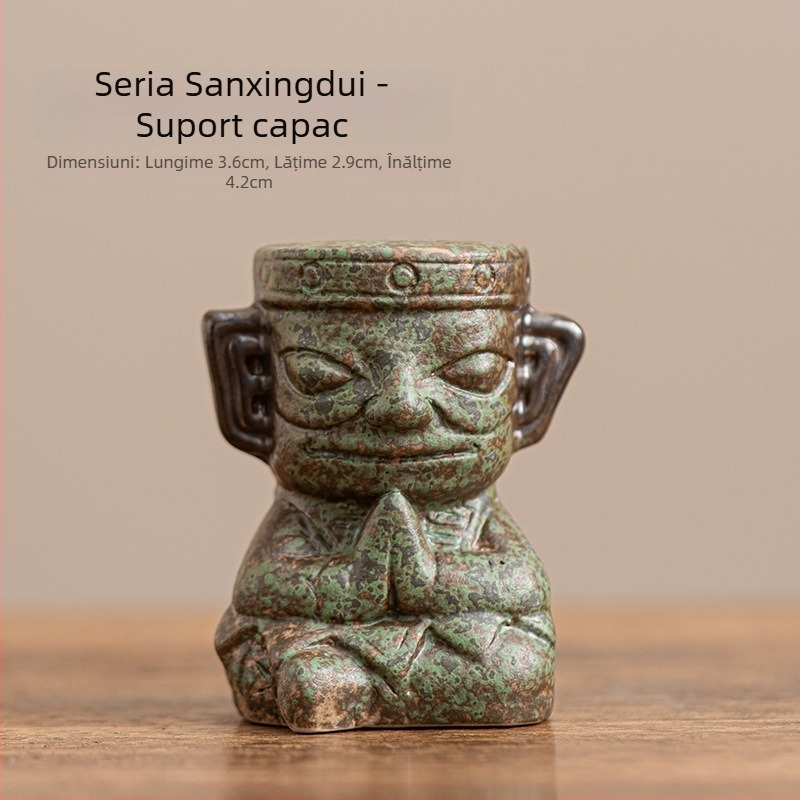Tea Pet ceramic cu față umană din Sanxingdui, ornament pentru birou, stil retro, lux discret