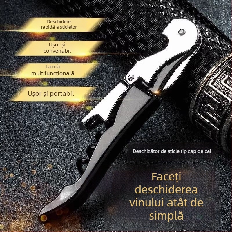 Deschizător multifuncțional de sticle în formă de căluț de mare, din oțel inoxidabil, cu tirbușon și cuțit pentru vin, portabil, pliabil
