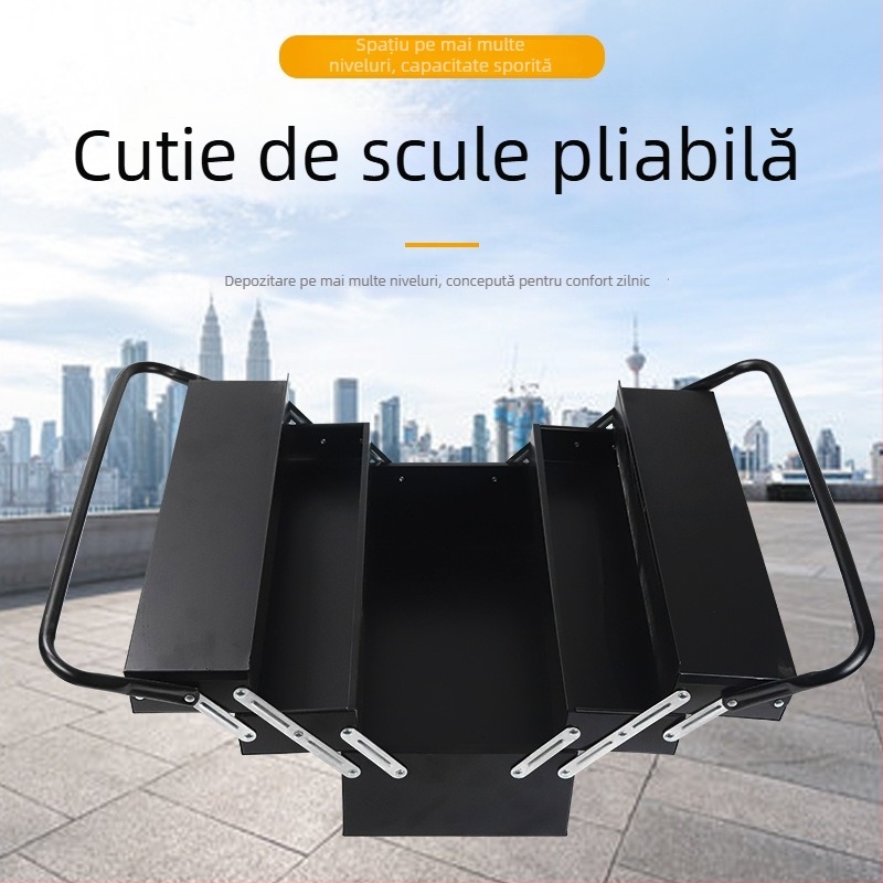 Cutie de unelte din oțel inoxidabil, mare, cu trei niveluri pliante, pentru uz casnic, cutie de depozitare portabilă