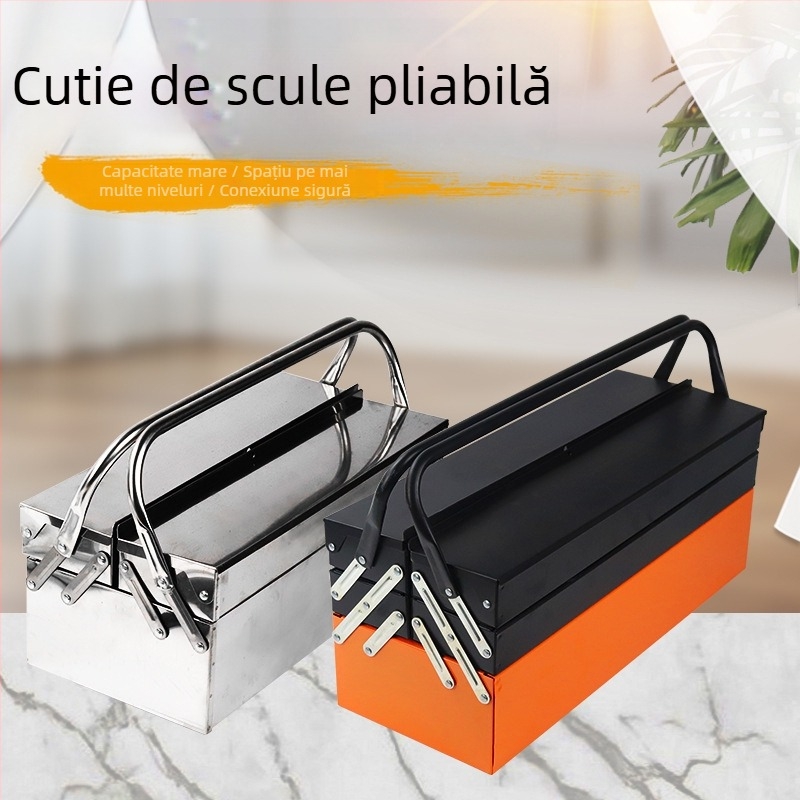 Cutie de unelte din oțel inoxidabil, mare, cu trei niveluri pliante, pentru uz casnic, cutie de depozitare portabilă