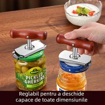 Deschizător multifuncțional pentru conserve, sticle și capace de borcane; din oțel inoxidabil; portabil.