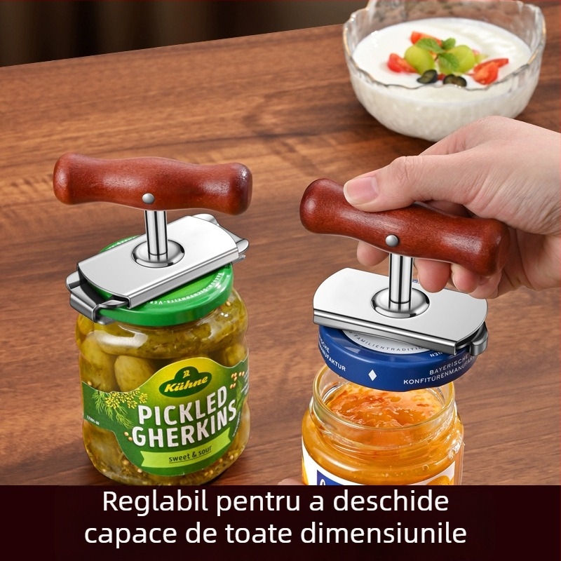 Deschizător multifuncțional pentru conserve, sticle și capace de borcane; din oțel inoxidabil; portabil.