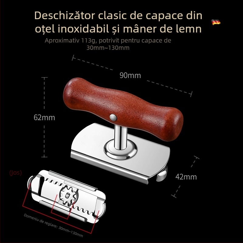 Deschizător multifuncțional pentru conserve, sticle și capace de borcane; din oțel inoxidabil; portabil.