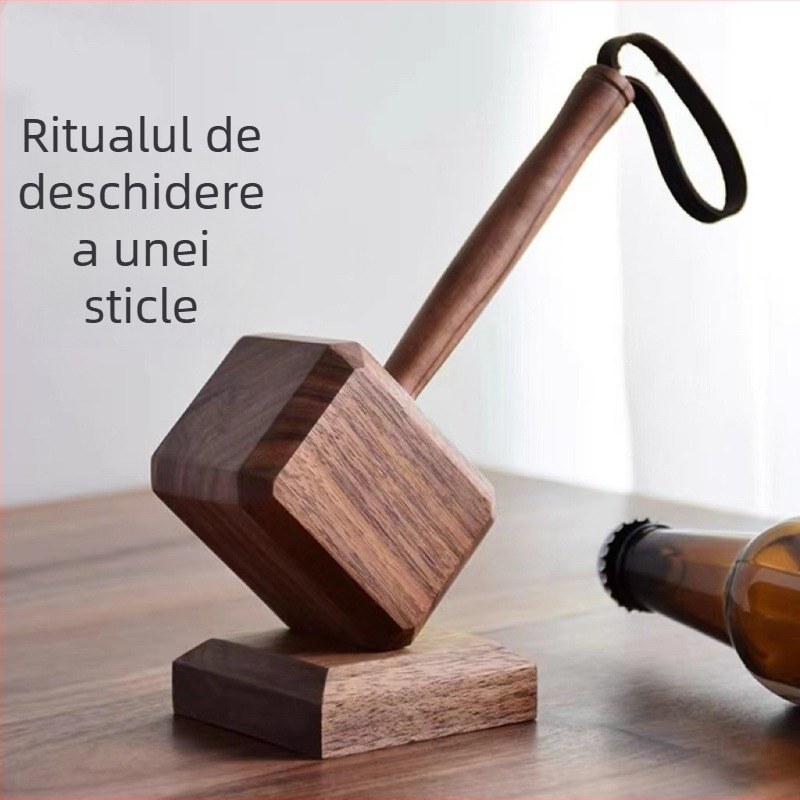 Deschizător de sticle în formă de Ciocanul lui Thor — din lemn, magnetic, personalizabil, obiect decorativ pentru casă