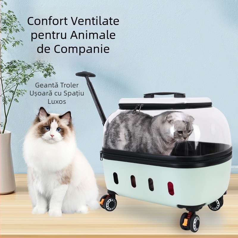 Geantă transparentă pentru câine cu rotile, carrier de transport pentru animale de companie