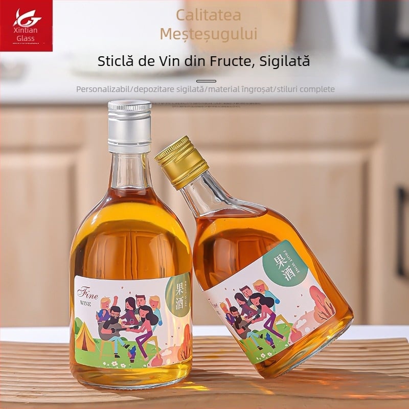 Sticlă din sticlă transparentă pentru vin de fructe, sticlă pentru sucuri, sticlă pentru vin făcut acasă cu capac, 500 ml sau 375 ml