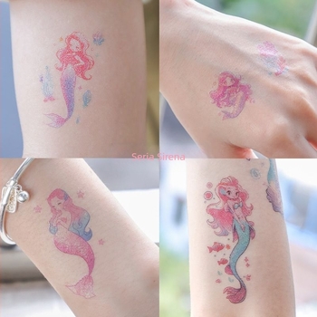 Știker tatuaj cu sirenă sclipitoare pentru copii, în stil desenat manual, colorat, rezistent la apă, durabil pe braț