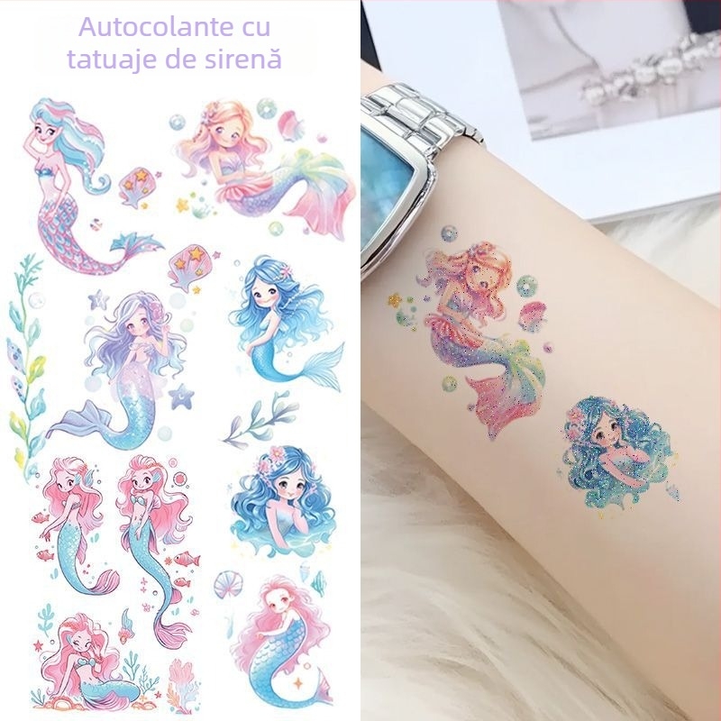 Știker tatuaj cu sirenă sclipitoare pentru copii, în stil desenat manual, colorat, rezistent la apă, durabil pe braț