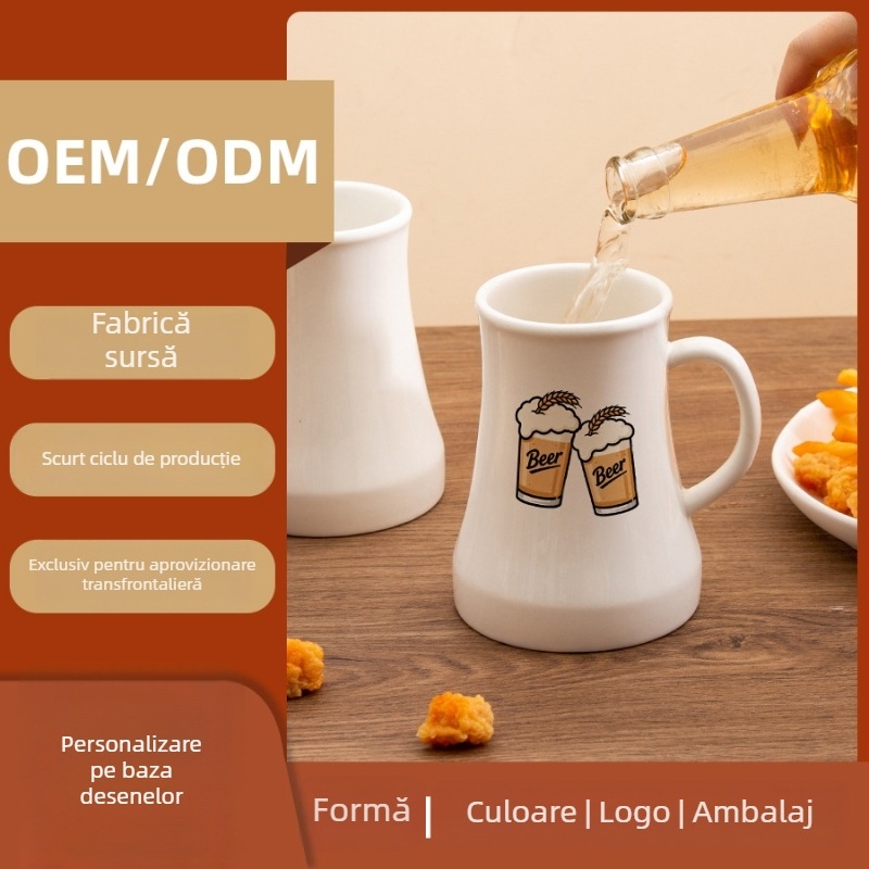 Ceașcă de bere ceramică personalizată cu logo, design minimalist, capacitate mare pentru uz casnic