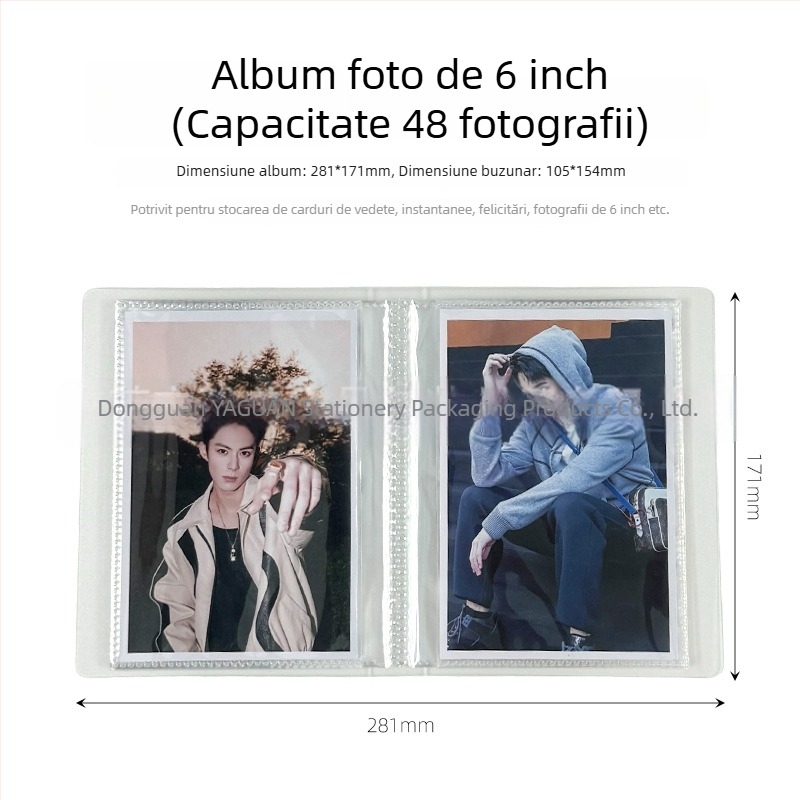 Album foto de 6 inch pentru cărți poștale și carduri Polaroid de 3 inch, mapă transparentă mată cu plăci despărțitoare, 48 compartimente, 24 de pagini interioare