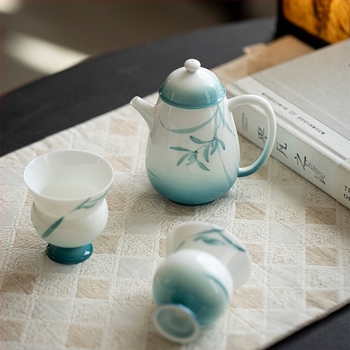 Set de ceai Tang-Song în cutie cadou, Ninglan Lanjing un ceainic și două cești, ceai Kung Fu, ceramică, pictură manuală, stil ușor lux, portabil pentru două persoane