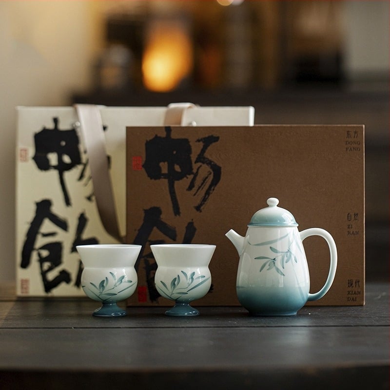 Set de ceai Tang-Song în cutie cadou, Ninglan Lanjing un ceainic și două cești, ceai Kung Fu, ceramică, pictură manuală, stil ușor lux, portabil pentru două persoane