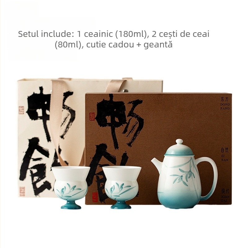 Set de ceai Tang-Song în cutie cadou, Ninglan Lanjing un ceainic și două cești, ceai Kung Fu, ceramică, pictură manuală, stil ușor lux, portabil pentru două persoane