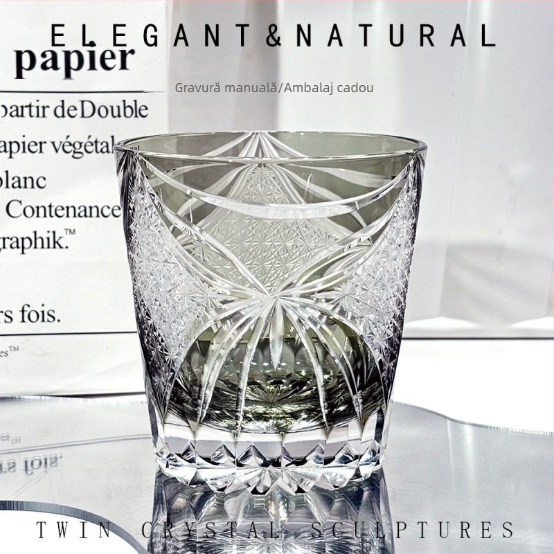 Pahar de whisky stil Japonez, cu motiv fluture, cristal verde‑gri