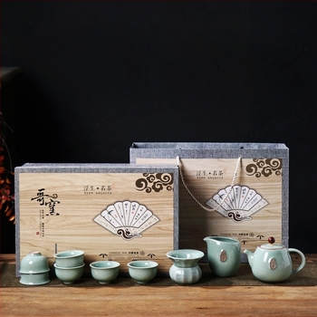 Ge Ware Zen Gongfu set ceai cu ceainic și cești, glazură cu fisuri de gheață; ceramică; cutie cadou; 6 persoane; cadou pentru inaugurări, sărbători și ocazii de afaceri.