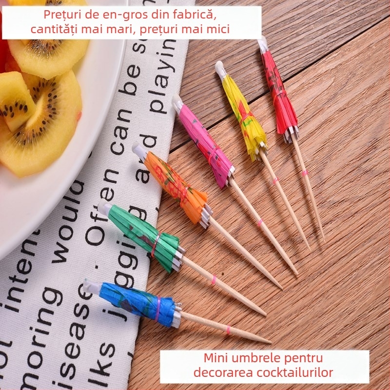 100 bețișoare din lemn cu umbrele pentru decorarea mâncărurilor, cu logo imprimat, 10 cm