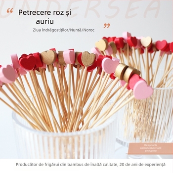 Bețișoare decorative de Ziua Îndrăgostiților, bețișoare pentru fructe caramelizate, bețișoare inimă pentru cocktailuri, bețișoare pentru burgeri, inimi colorate, inimi aurii