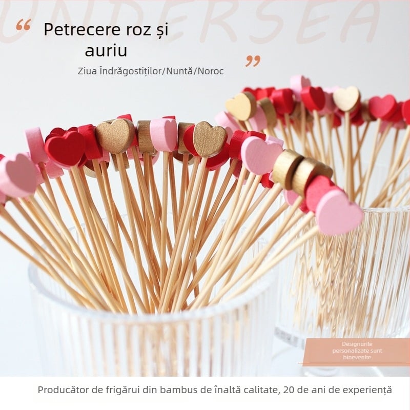 Bețișoare decorative de Ziua Îndrăgostiților, bețișoare pentru fructe caramelizate, bețișoare inimă pentru cocktailuri, bețișoare pentru burgeri, inimi colorate, inimi aurii