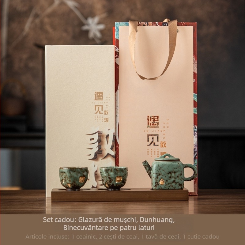 Set de ceai Kung Fu din ceramică Dunhuang, pentru două persoane – ceainic și două cești, într-o cutie cadou elegantă