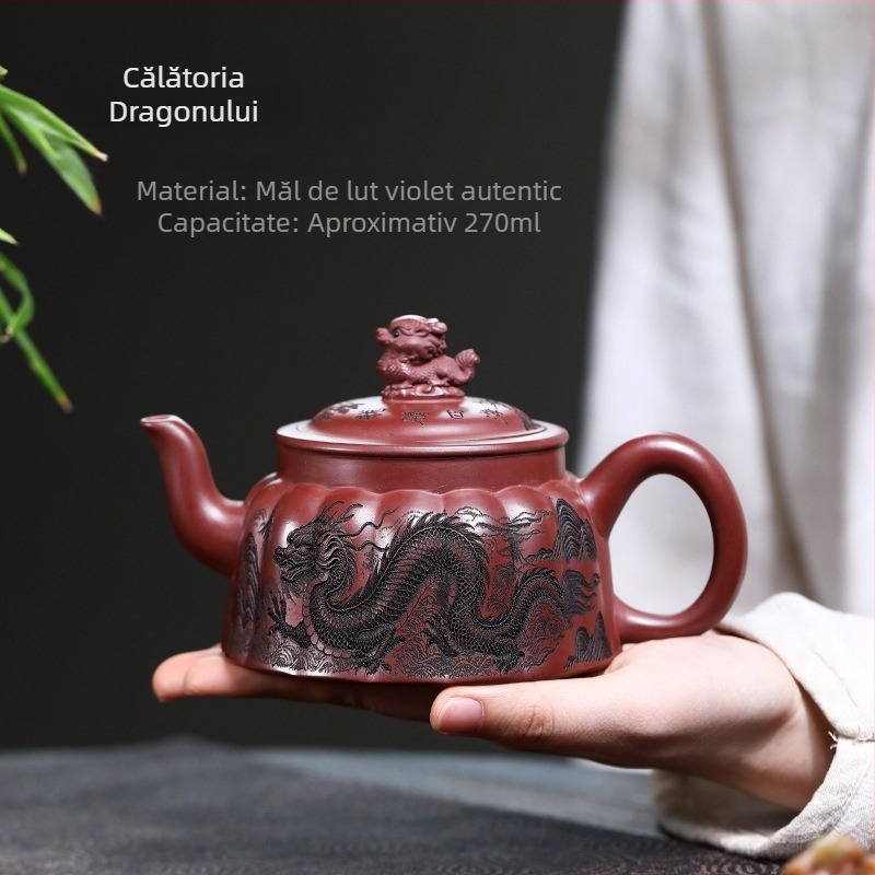 Ceainic Yixing din lut purpuriu, set de ceai, lucrat manual, motiv dragon, lut purpuriu mineral original