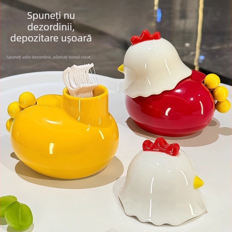 Cutie ceramică pentru scobitori cu design de pui, 2 în 1 pentru uz casnic, set decorativ cu furculițe pentru fructe și spațiu de depozitare pentru vată și ață dentară