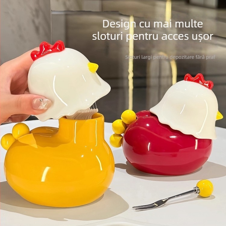 Cutie ceramică pentru scobitori cu design de pui, 2 în 1 pentru uz casnic, set decorativ cu furculițe pentru fructe și spațiu de depozitare pentru vată și ață dentară
