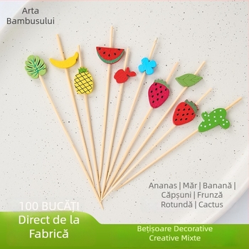 Bețișoare pentru fructe de unică folosință, 100 buc./pachet, din bambus, cu motive: pepene, căpșună, cactus, ananas, măr, frunză de banană – design creativ