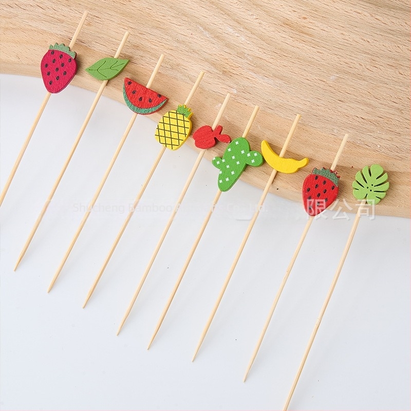 Bețișoare pentru fructe de unică folosință, 100 buc./pachet, din bambus, cu motive: pepene, căpșună, cactus, ananas, măr, frunză de banană – design creativ