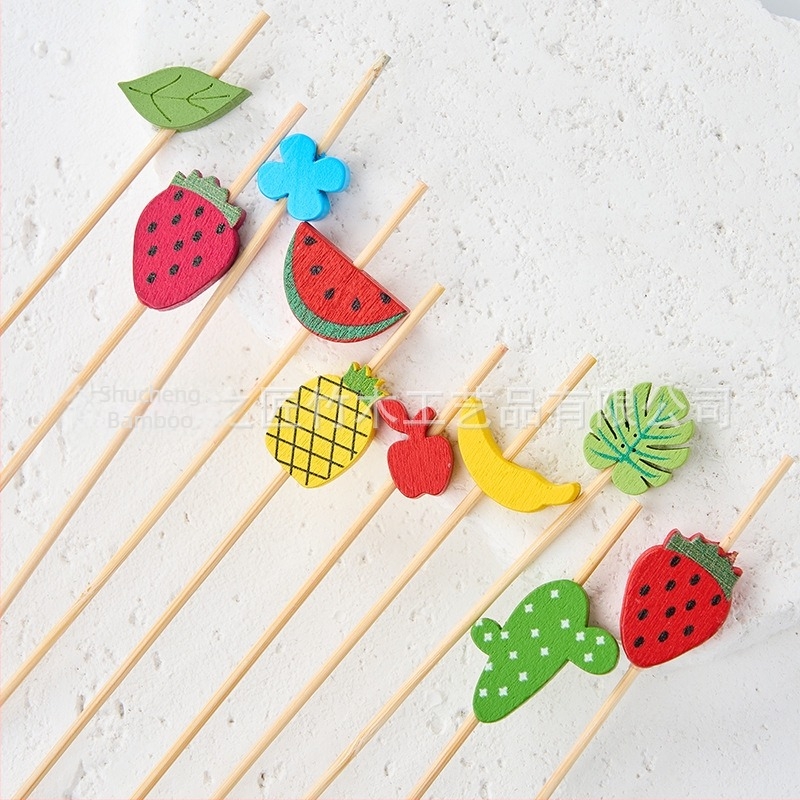 Bețișoare pentru fructe de unică folosință, 100 buc./pachet, din bambus, cu motive: pepene, căpșună, cactus, ananas, măr, frunză de banană – design creativ
