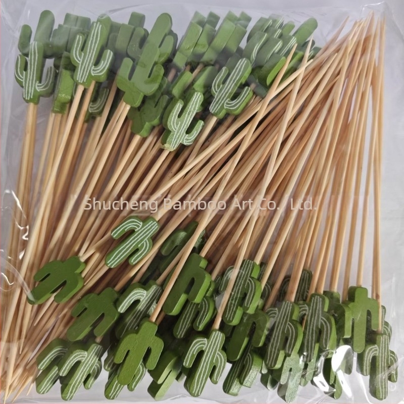 Bețișoare pentru fructe de unică folosință, 100 buc./pachet, din bambus, cu motive: pepene, căpșună, cactus, ananas, măr, frunză de banană – design creativ