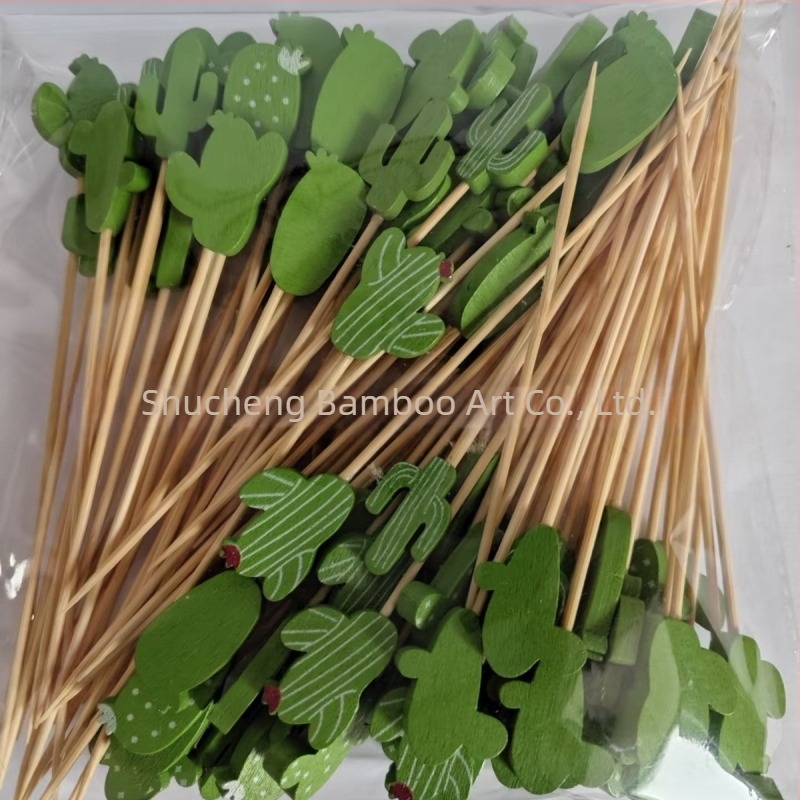 Bețișoare pentru fructe de unică folosință, 100 buc./pachet, din bambus, cu motive: pepene, căpșună, cactus, ananas, măr, frunză de banană – design creativ