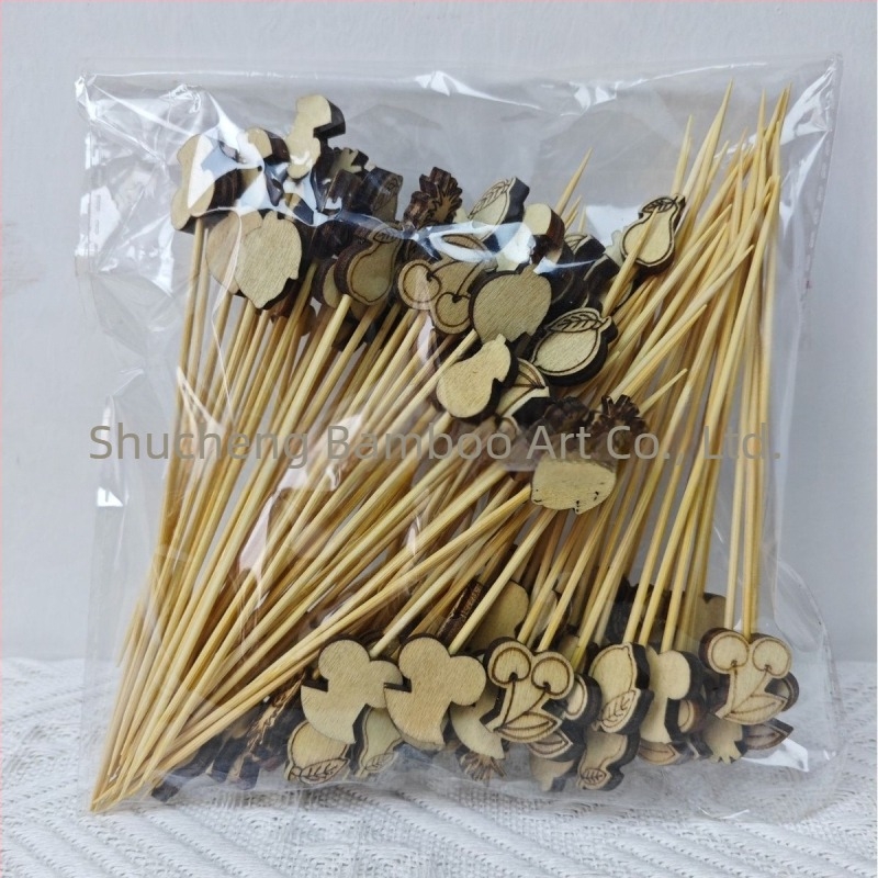 Bețișoare pentru fructe de unică folosință, 100 buc./pachet, din bambus, cu motive: pepene, căpșună, cactus, ananas, măr, frunză de banană – design creativ